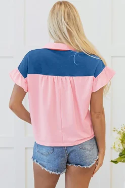 Best Dear-Lover Color Block Half Buttoned Ruffled Short Sleeve T Shirt Gossamer Pink