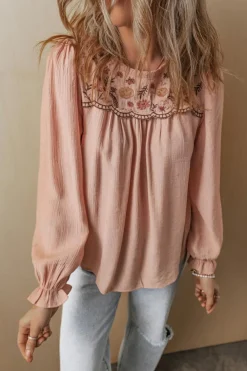 Hot Dear-Lover Floral Embroidered Textured Flounce Sleeve Elegant Blouse Gossamer Pink