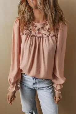 Hot Dear-Lover Floral Embroidered Textured Flounce Sleeve Elegant Blouse Gossamer Pink