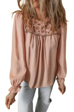 Hot Dear-Lover Floral Embroidered Textured Flounce Sleeve Elegant Blouse Gossamer Pink