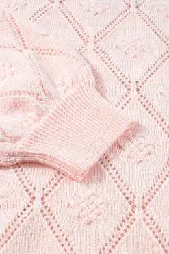 New Dear-Lover Openwork Plaid Puff Sleeve Cropped Sweater Gossamer Pink