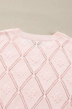 New Dear-Lover Openwork Plaid Puff Sleeve Cropped Sweater Gossamer Pink