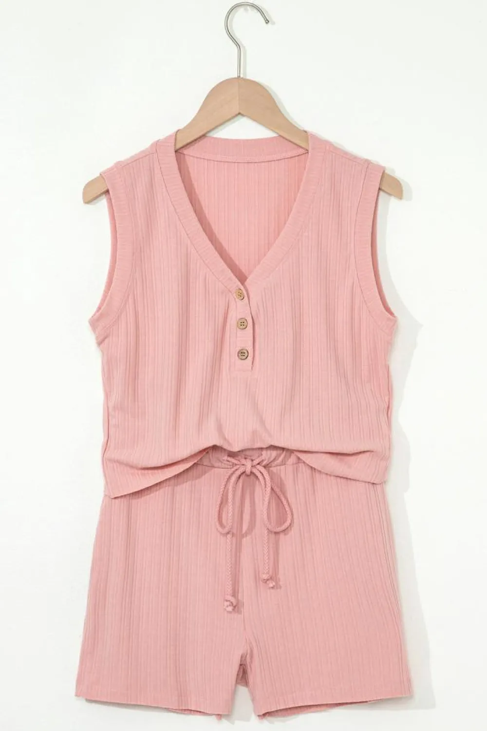Outlet Dear-Lover Ribbed Button V Neck Tank Top and Shorts Set Gossamer Pink