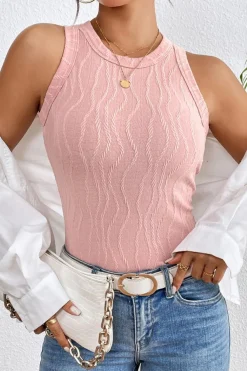 Online Dear-Lover Solid Color Textured Wavy Slim Fit Tank Top Gossamer Pink