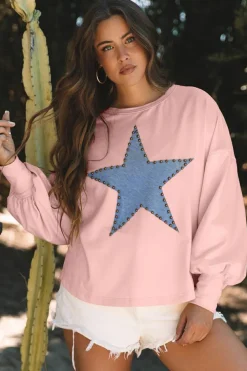 Best Dear-Lover Studded Star Graphic Oversized Long Sleeve Top Gossamer Pink