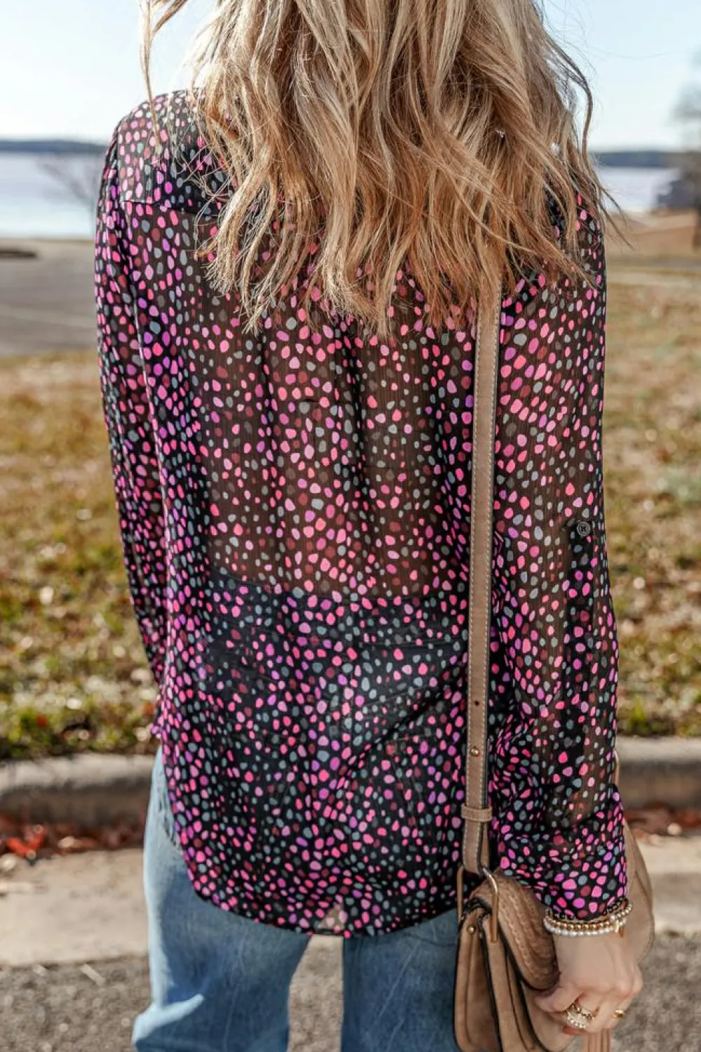 Clearance Dear-Lover Polka Dot Printed Buttoned Casual Shirt Grape Wine