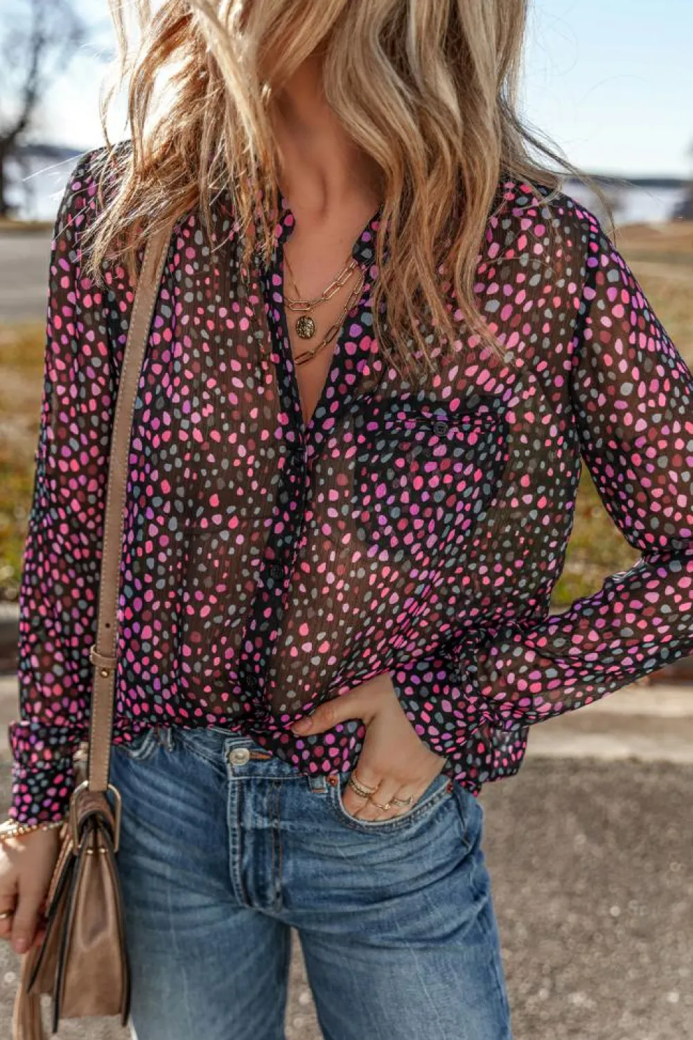 Clearance Dear-Lover Polka Dot Printed Buttoned Casual Shirt Grape Wine