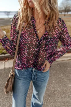 Clearance Dear-Lover Polka Dot Printed Buttoned Casual Shirt Grape Wine