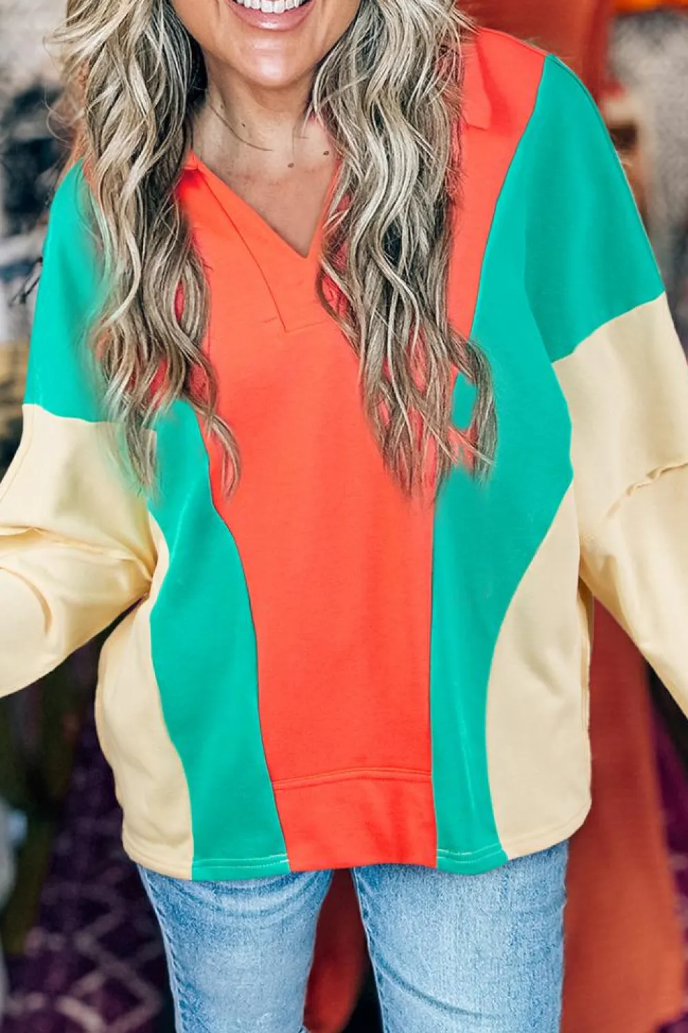 Discount Dear-Lover Color Block Patchwork Collared V Neck Loose Top Grapefruit Orange