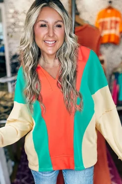 Discount Dear-Lover Color Block Patchwork Collared V Neck Loose Top Grapefruit Orange
