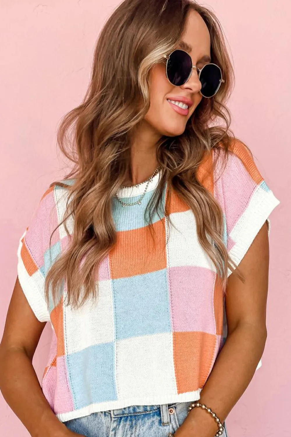 Clearance Dear-Lover Color Block Cap Sleeve Sweater Grapefruit Orange
