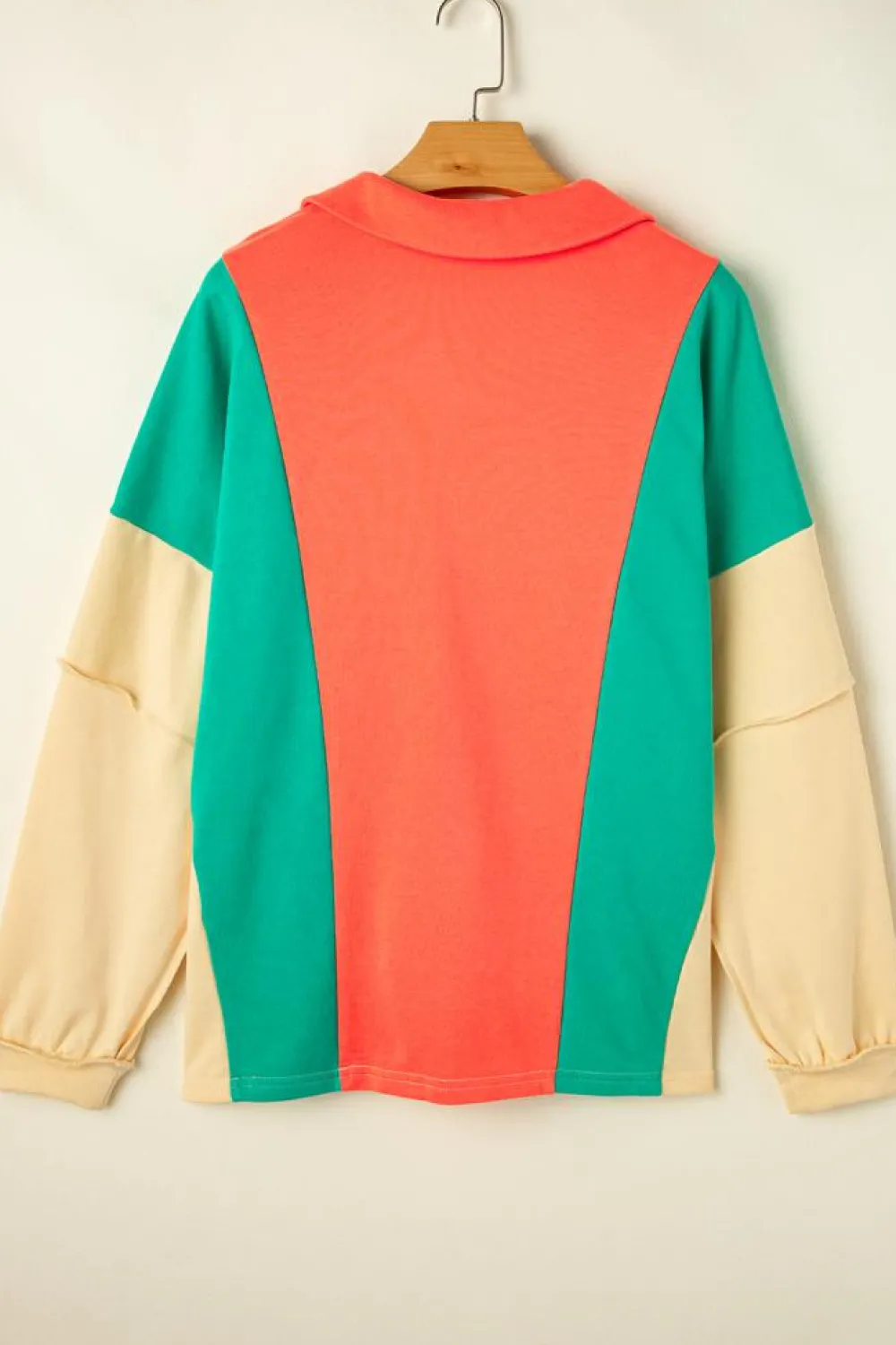 Discount Dear-Lover Color Block Patchwork Collared V Neck Loose Top Grapefruit Orange