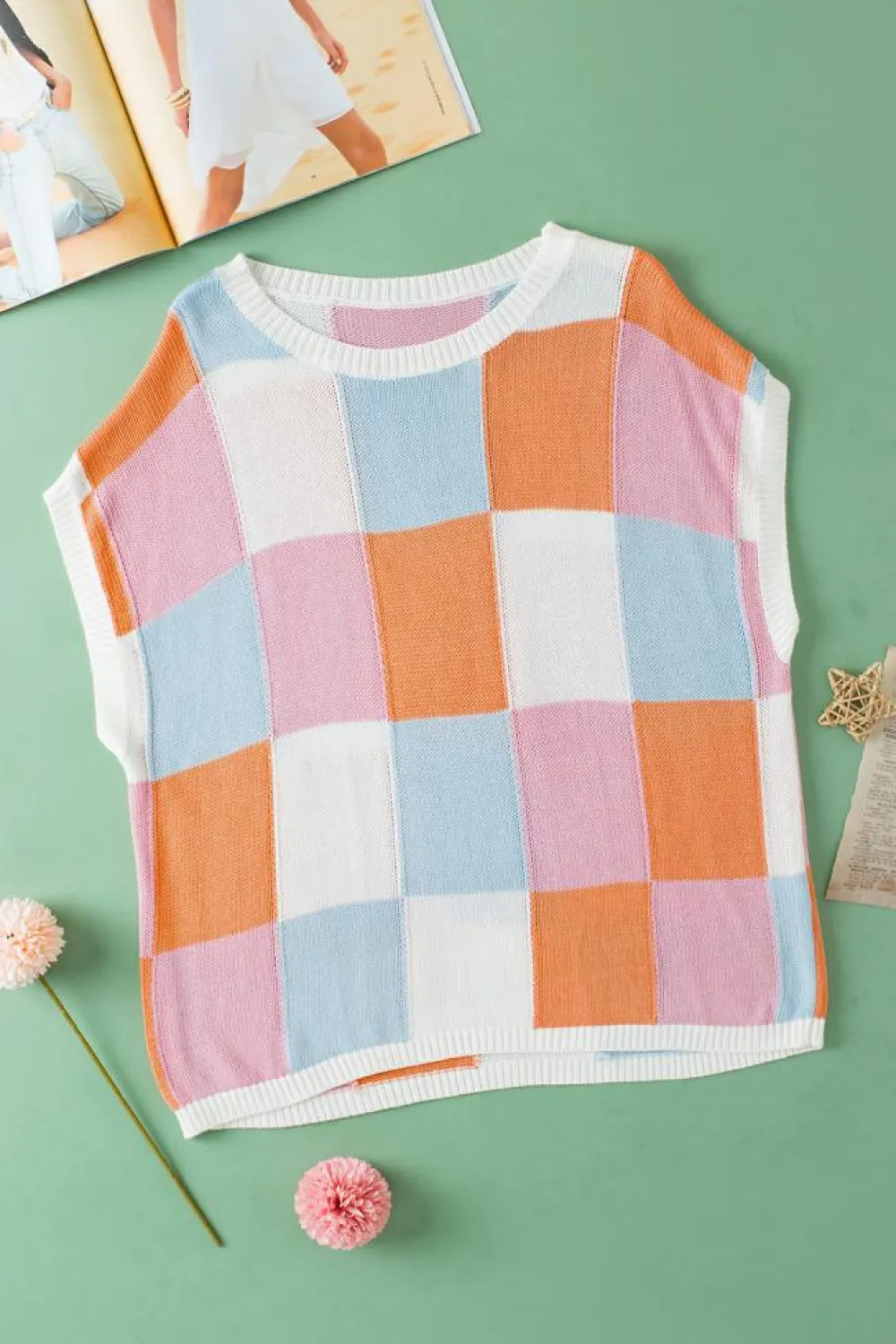 Clearance Dear-Lover Color Block Cap Sleeve Sweater Grapefruit Orange