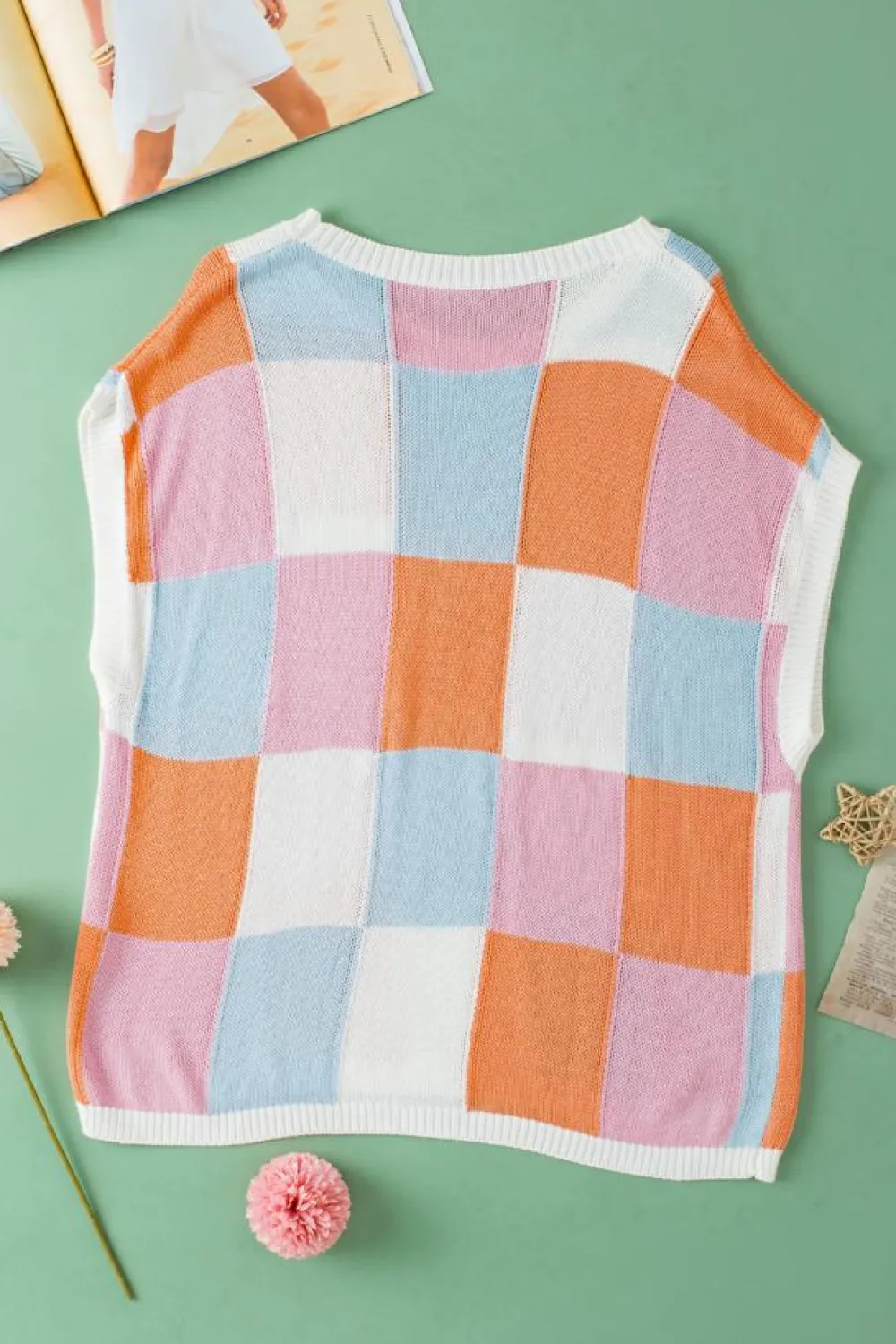 Clearance Dear-Lover Color Block Cap Sleeve Sweater Grapefruit Orange
