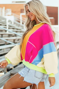 Fashion Dear-Lover Colorblock Patchwork Exposed Stitching Oversize Top Grapefruit Orange