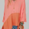Outlet Dear-Lover Contrast Color Patchwork Oversized Side Split Top Grapefruit Orange