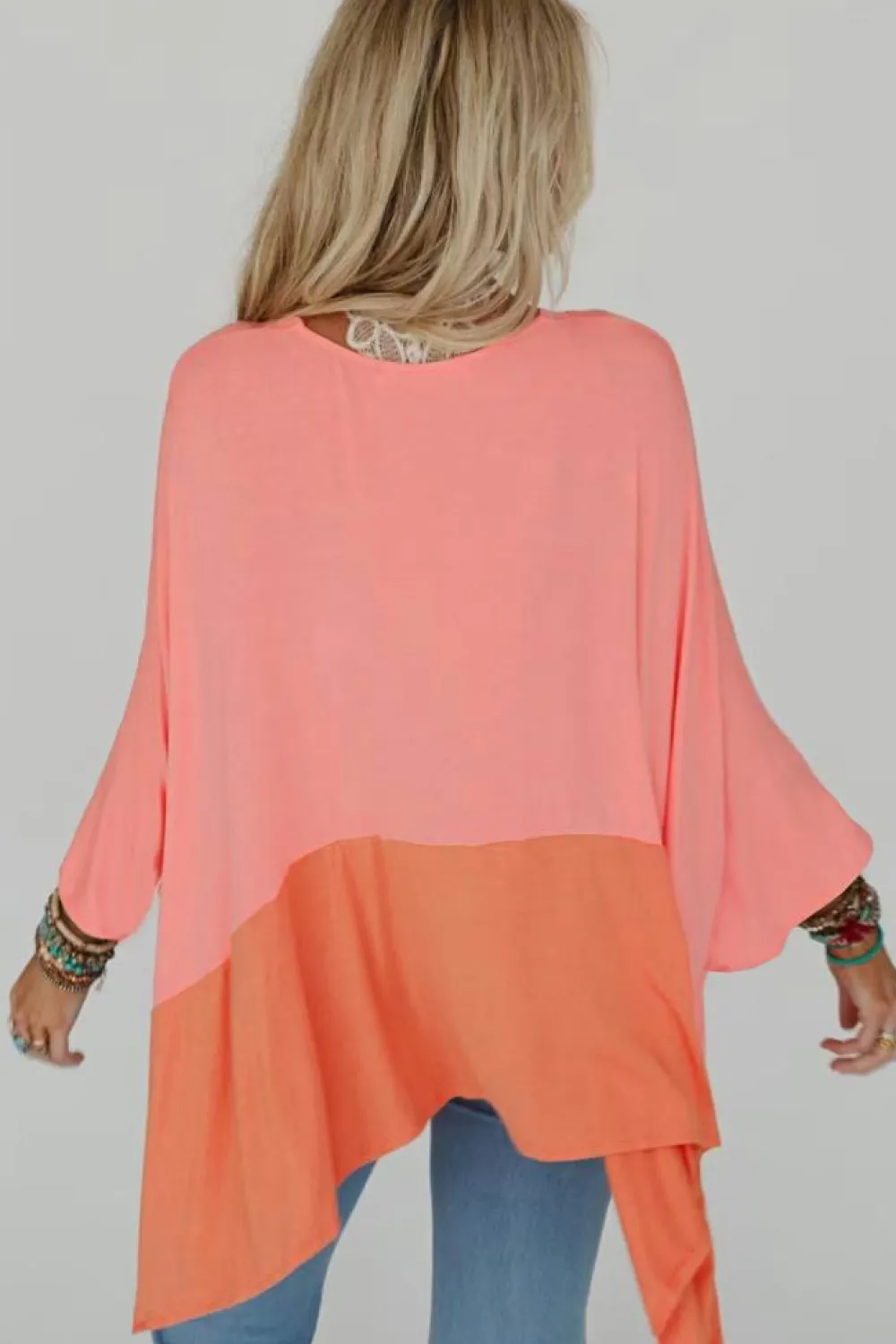 Outlet Dear-Lover Contrast Color Patchwork Oversized Side Split Top Grapefruit Orange