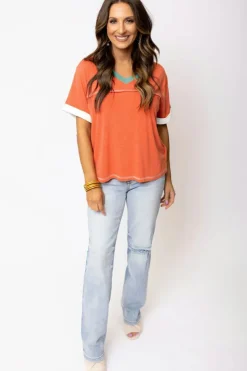 Clearance Dear-Lover Contrast Trim Exposed Seam V Neck T-shirt Grapefruit Orange