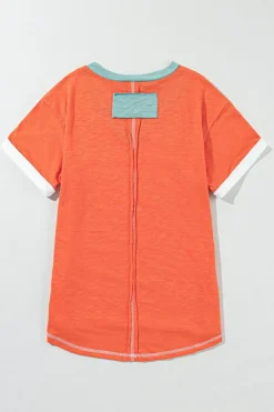 Clearance Dear-Lover Contrast Trim Exposed Seam V Neck T-shirt Grapefruit Orange