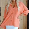 Online Dear-Lover Corded Half Sleeve Button Up High Low Hem Loose Shirt Grapefruit Orange