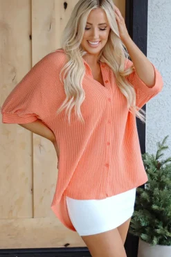 Online Dear-Lover Corded Half Sleeve Button Up High Low Hem Loose Shirt Grapefruit Orange