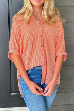 Online Dear-Lover Corded Half Sleeve Button Up High Low Hem Loose Shirt Grapefruit Orange