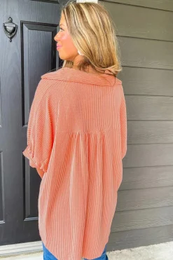 Online Dear-Lover Corded Half Sleeve Button Up High Low Hem Loose Shirt Grapefruit Orange