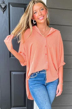 Online Dear-Lover Corded Half Sleeve Button Up High Low Hem Loose Shirt Grapefruit Orange