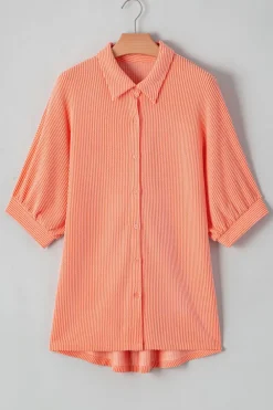 Online Dear-Lover Corded Half Sleeve Button Up High Low Hem Loose Shirt Grapefruit Orange