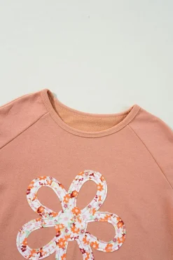 Fashion Dear-Lover Flower Patch Graphic Exposed Seam Wide Sleeve Top Grapefruit Orange