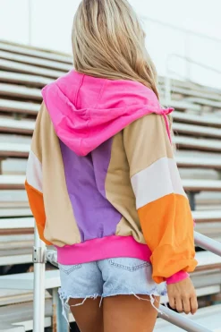 Online Dear-Lover Oversized Colorblock Patchwork Full Zipped Hoodie Grapefruit Orange