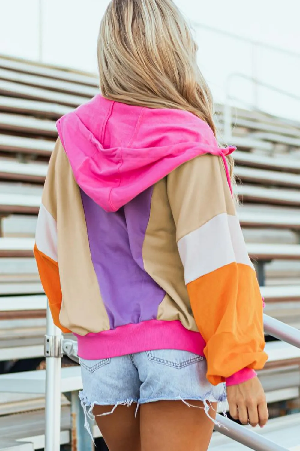 Online Dear-Lover Oversized Colorblock Patchwork Full Zipped Hoodie Grapefruit Orange