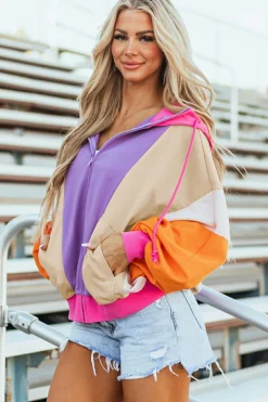 Online Dear-Lover Oversized Colorblock Patchwork Full Zipped Hoodie Grapefruit Orange