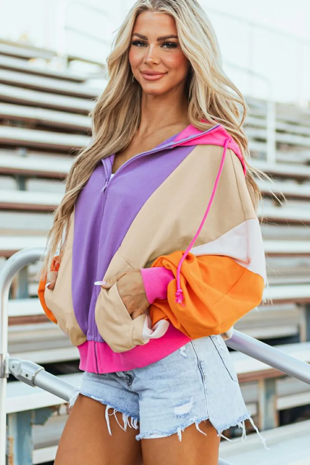 Online Dear-Lover Oversized Colorblock Patchwork Full Zipped Hoodie Grapefruit Orange