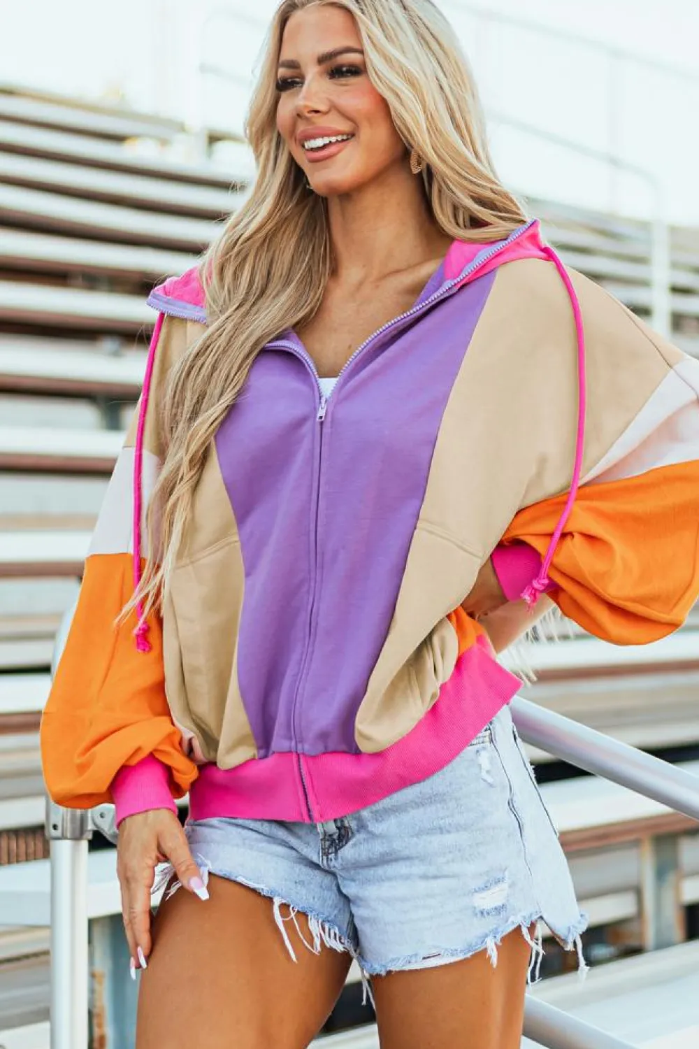Online Dear-Lover Oversized Colorblock Patchwork Full Zipped Hoodie Grapefruit Orange