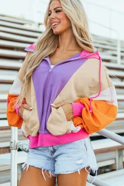 Online Dear-Lover Oversized Colorblock Patchwork Full Zipped Hoodie Grapefruit Orange