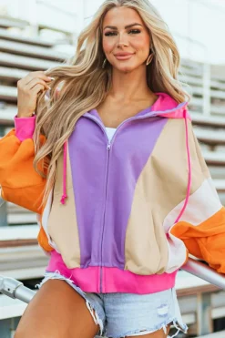 Online Dear-Lover Oversized Colorblock Patchwork Full Zipped Hoodie Grapefruit Orange