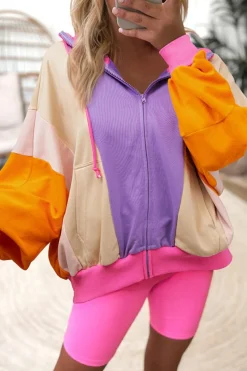 Online Dear-Lover Oversized Colorblock Patchwork Full Zipped Hoodie Grapefruit Orange