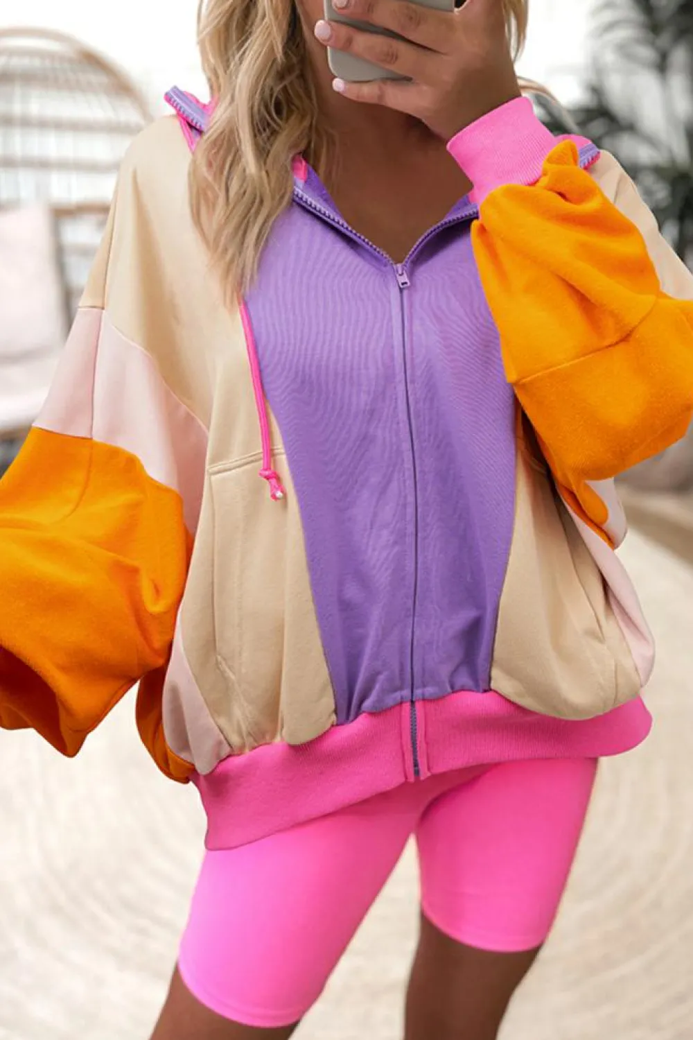 Online Dear-Lover Oversized Colorblock Patchwork Full Zipped Hoodie Grapefruit Orange