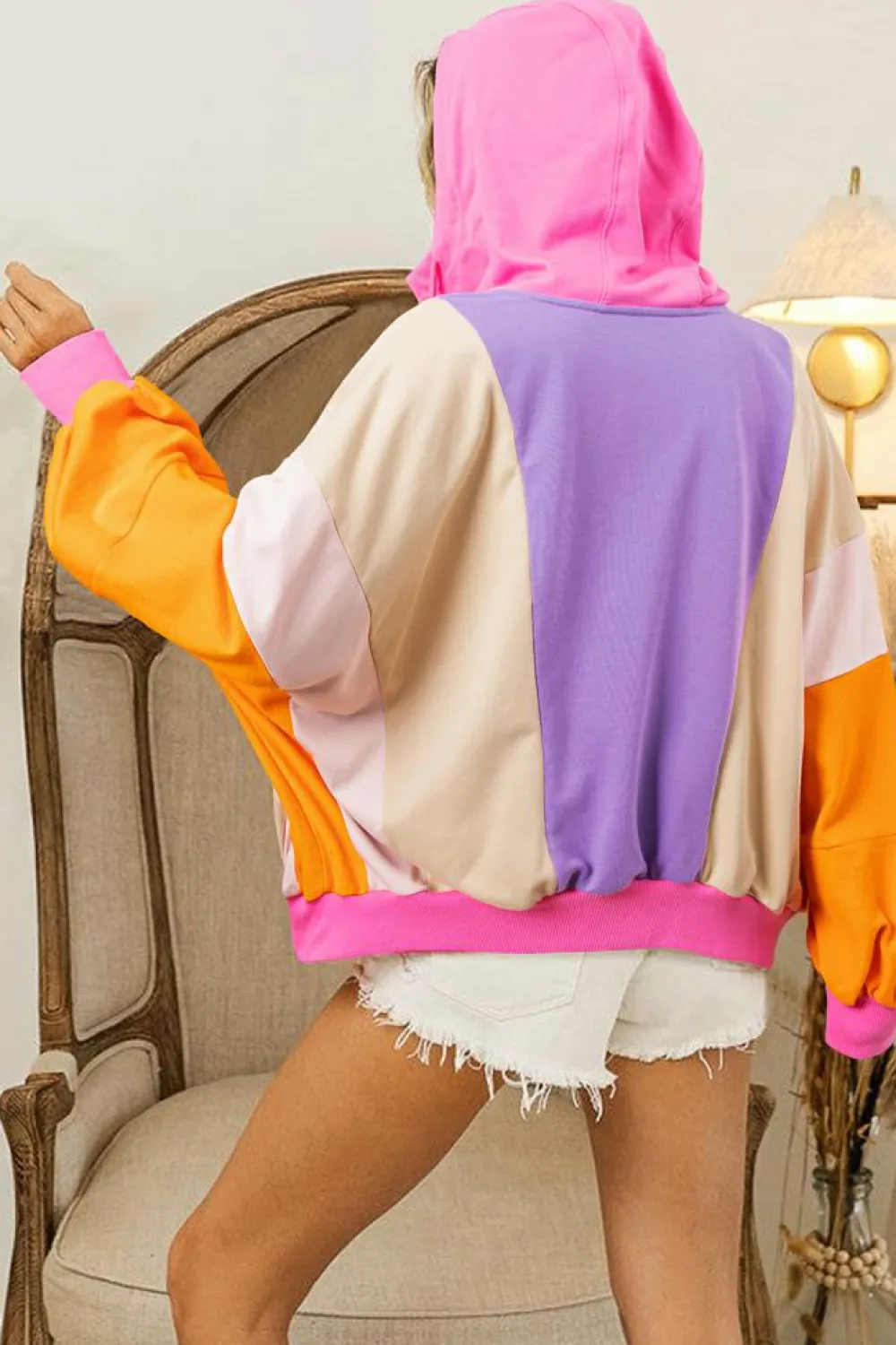 Online Dear-Lover Oversized Colorblock Patchwork Full Zipped Hoodie Grapefruit Orange
