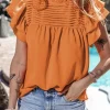 Fashion Dear-Lover Smocked Ruffle Sleeve Blouse Grapefruit Orange