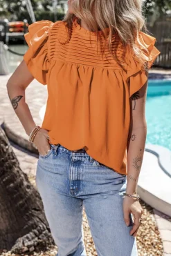 Fashion Dear-Lover Smocked Ruffle Sleeve Blouse Grapefruit Orange