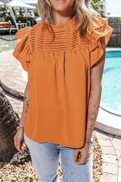 Fashion Dear-Lover Smocked Ruffle Sleeve Blouse Grapefruit Orange