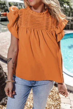 Fashion Dear-Lover Smocked Ruffle Sleeve Blouse Grapefruit Orange