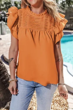 Fashion Dear-Lover Smocked Ruffle Sleeve Blouse Grapefruit Orange