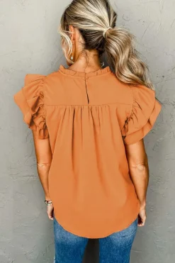 Fashion Dear-Lover Smocked Ruffle Sleeve Blouse Grapefruit Orange