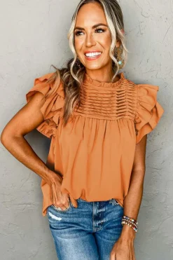 Fashion Dear-Lover Smocked Ruffle Sleeve Blouse Grapefruit Orange