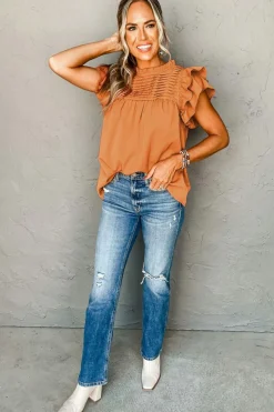 Fashion Dear-Lover Smocked Ruffle Sleeve Blouse Grapefruit Orange