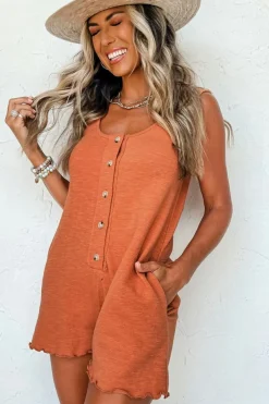 Sale Dear-Lover U Neck Button Front Sleeveless Romper Grapefruit Orange