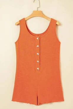 Sale Dear-Lover U Neck Button Front Sleeveless Romper Grapefruit Orange